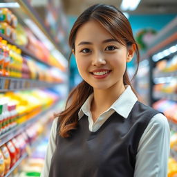 An attractive young woman with fair skin and brown hair, working as a supermarket restocker