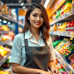 An attractive young woman with fair skin and brown hair, working as a supermarket restocker