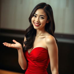 A beautiful Asian woman with an elegant yet sexy demeanor, dressed in a sensuous and form-fitting red outfit, exuding confidence and allure