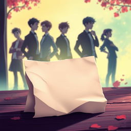 An enchanting animated cover for a romantic novel, featuring a crumpled blank note in the foreground