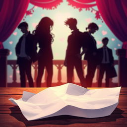 An enchanting animated cover for a romantic novel, featuring a crumpled blank note in the foreground