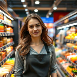 An attractive young Spanish supermarket restocker, with fair skin and flowing brown hair