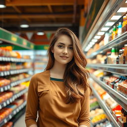 An attractive young Spanish supermarket restocker, with fair skin and flowing brown hair