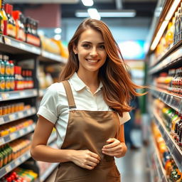 An attractive young Spanish supermarket restocker, with fair skin and flowing brown hair