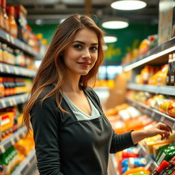 An attractive young Spanish supermarket restocker, with fair skin and flowing brown hair