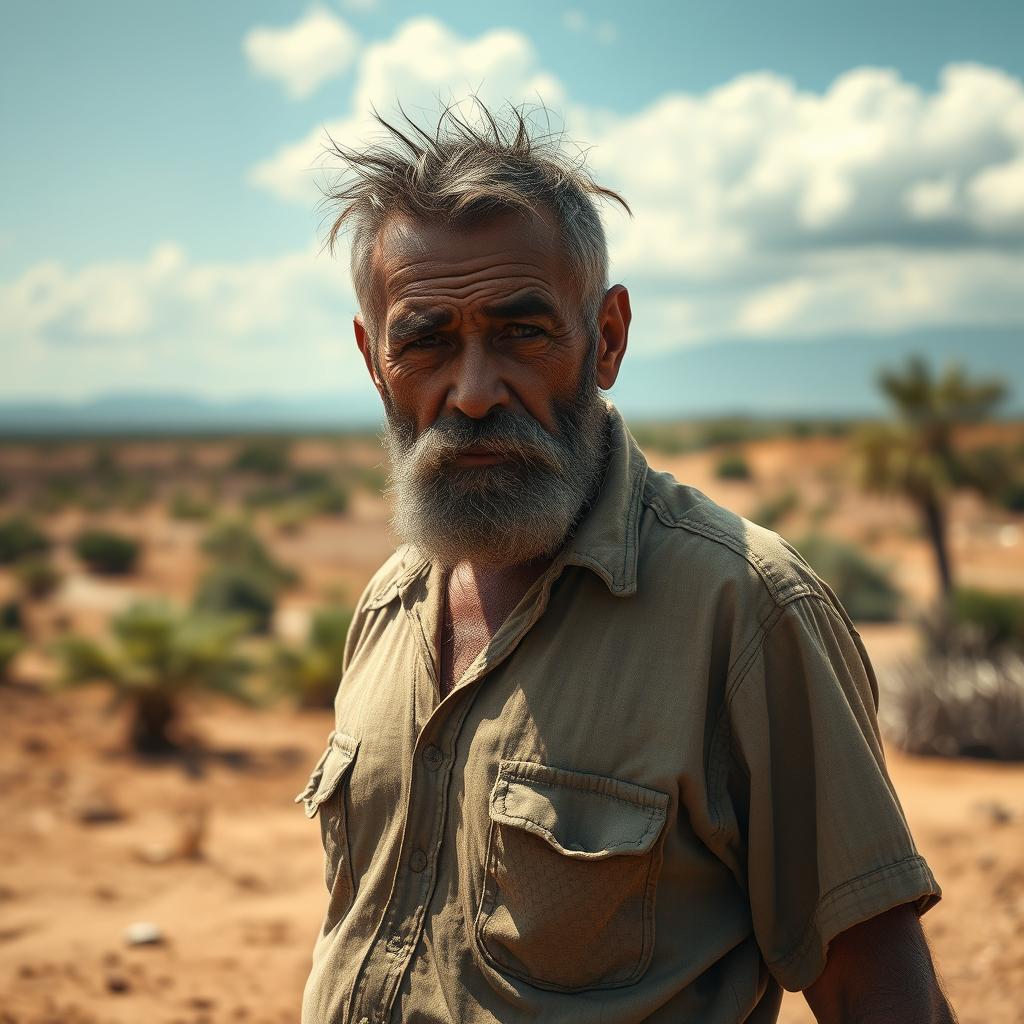 A rugged and intense cangaceiro, hardened by the challenges of life in the scorching northeastern Brazilian hinterlands, stands amid the arid landscape