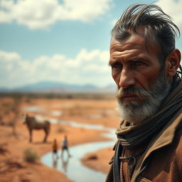 A rugged and intense cangaceiro, hardened by the challenges of life in the scorching northeastern Brazilian hinterlands, stands amid the arid landscape