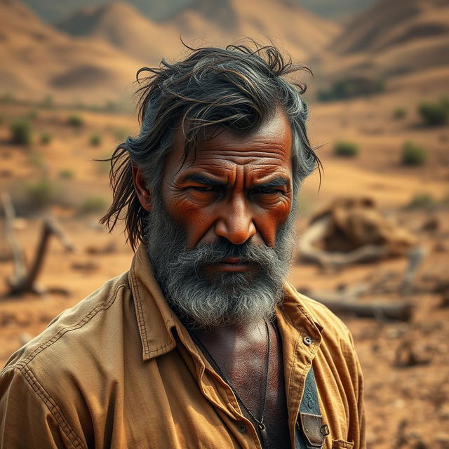 A rugged and intense cangaceiro, hardened by the challenges of life in the scorching northeastern Brazilian hinterlands, stands amid the arid landscape