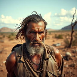 A rugged and intense cangaceiro, hardened by the challenges of life in the scorching northeastern Brazilian hinterlands, stands amid the arid landscape