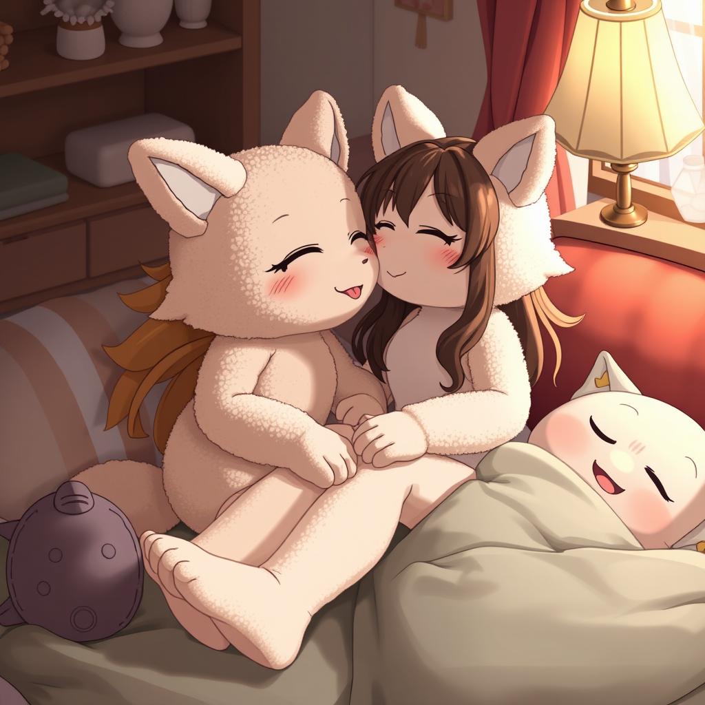 A comfortable, cozy room featuring two female anthropomorphic stuffed animals engaged in a tender and intimate moment