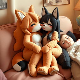 A comfortable, cozy room featuring two female anthropomorphic stuffed animals engaged in a tender and intimate moment