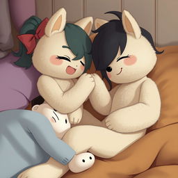 A comfortable, cozy room featuring two female anthropomorphic stuffed animals engaged in a tender and intimate moment