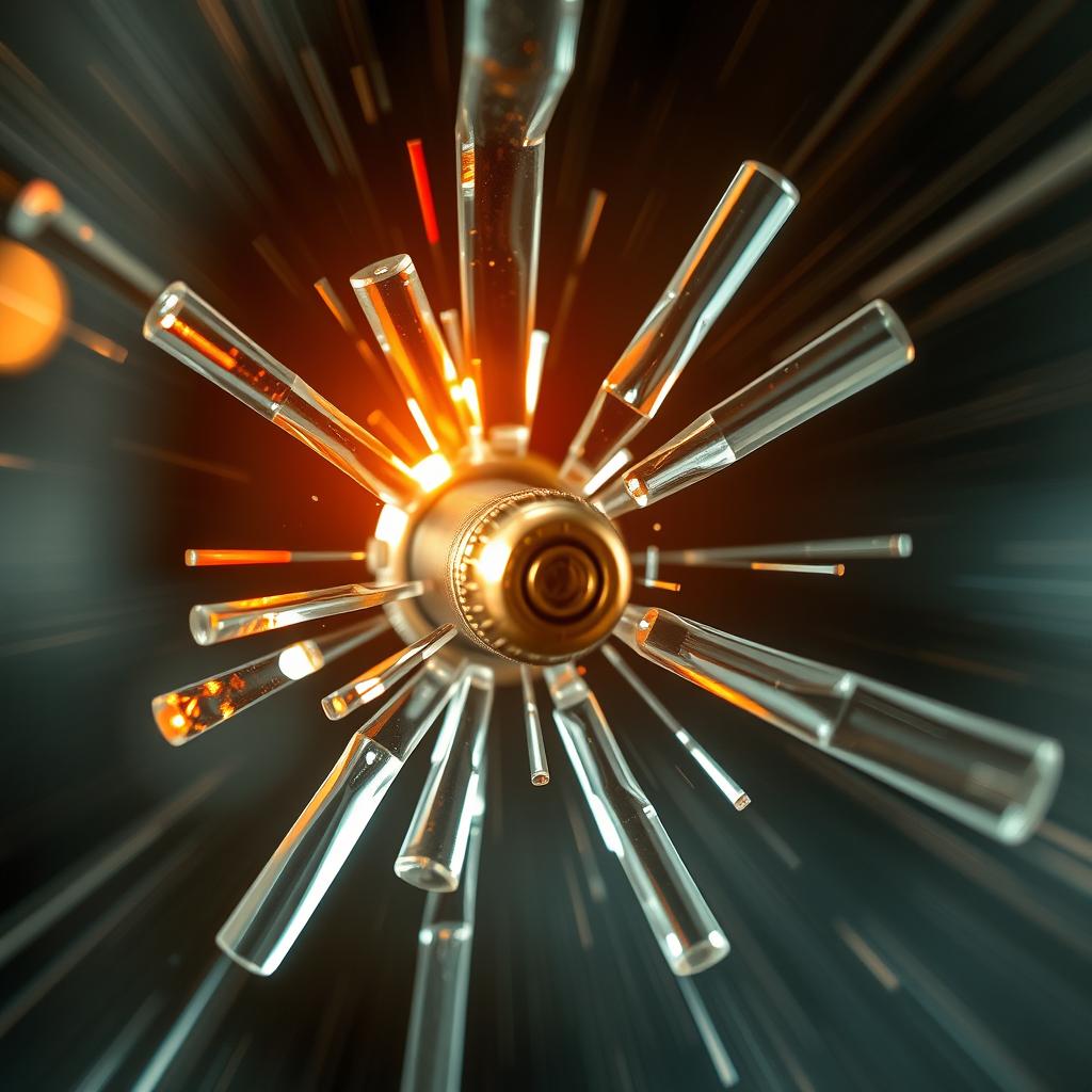 A dramatic close-up of a bullet piercing through glass, capturing the exact moment of impact