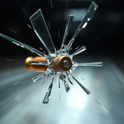 A dramatic close-up of a bullet piercing through glass, capturing the exact moment of impact