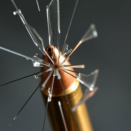 A dramatic close-up of a bullet piercing through glass, capturing the exact moment of impact