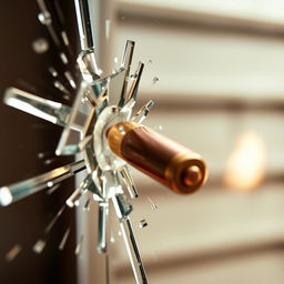 A dramatic close-up of a bullet piercing through glass, capturing the exact moment of impact