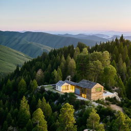 A picturesque house located on a towering mountain peak, amidst serene wilderness.