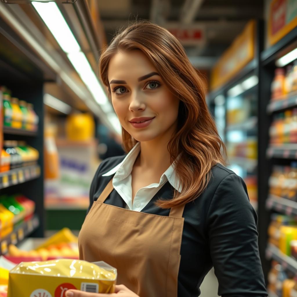 A beautiful and attractive young supermarket restocker, Caucasian with brown hair