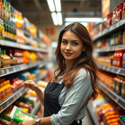 A beautiful and attractive young supermarket restocker, Caucasian with brown hair