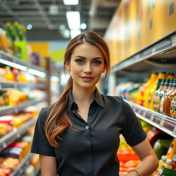 A beautiful and attractive young supermarket restocker, Caucasian with brown hair