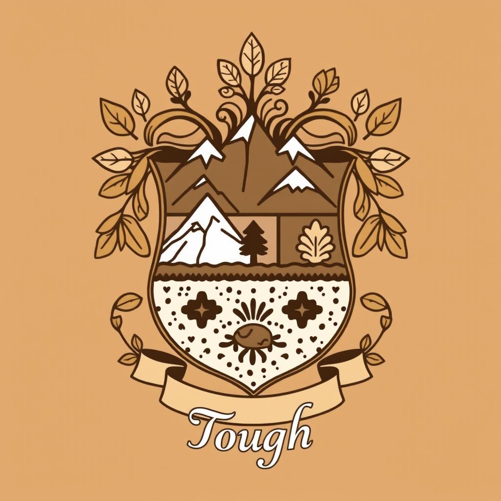 a family crest with earthy tones and elements, symbolizing a deep connection to the land