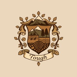 a family crest with earthy tones and elements, symbolizing a deep connection to the land