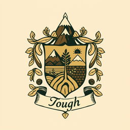 a family crest with earthy tones and elements, symbolizing a deep connection to the land