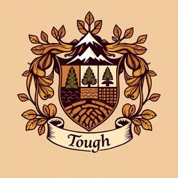 a family crest with earthy tones and elements, symbolizing a deep connection to the land