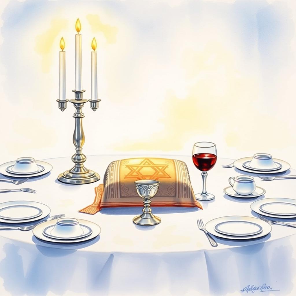 A serene watercolor painting of a Shabbat table setting, featuring two tall silver candlesticks with glowing candles