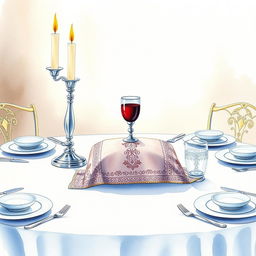 A serene watercolor painting of a Shabbat table setting, featuring two tall silver candlesticks with glowing candles