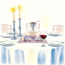 A serene watercolor painting of a Shabbat table setting, featuring two tall silver candlesticks with glowing candles