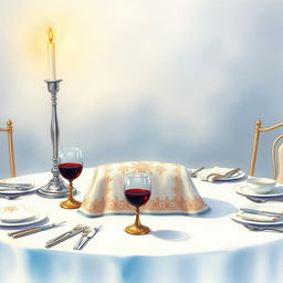 A serene watercolor painting of a Shabbat table setting, featuring two tall silver candlesticks with glowing candles