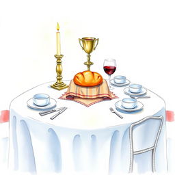 A charming watercolor painting of a square Shabbat table