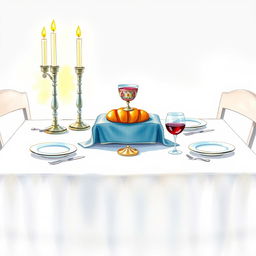 A charming watercolor painting of a square Shabbat table