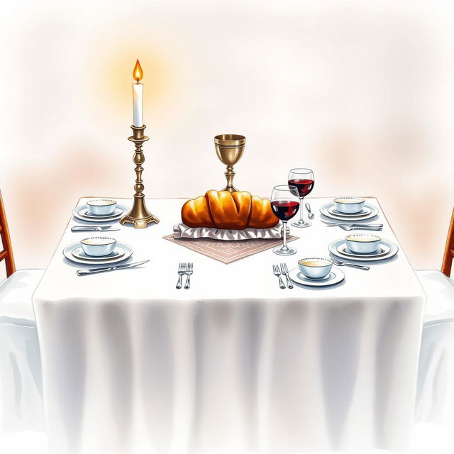 A charming watercolor painting of a square Shabbat table