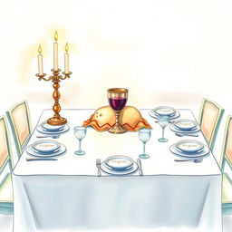 A charming watercolor painting of a square Shabbat table