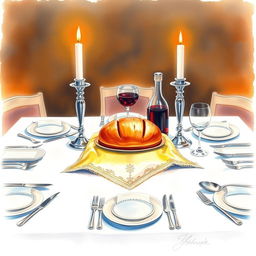 A beautifully composed watercolor painting of a square Shabbat table, showcasing two elegant candlesticks with flickering candles