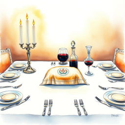 A beautifully composed watercolor painting of a square Shabbat table, showcasing two elegant candlesticks with flickering candles