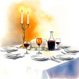 A beautifully composed watercolor painting of a square Shabbat table, showcasing two elegant candlesticks with flickering candles