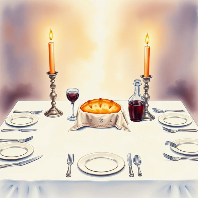 A beautifully composed watercolor painting of a square Shabbat table, showcasing two elegant candlesticks with flickering candles