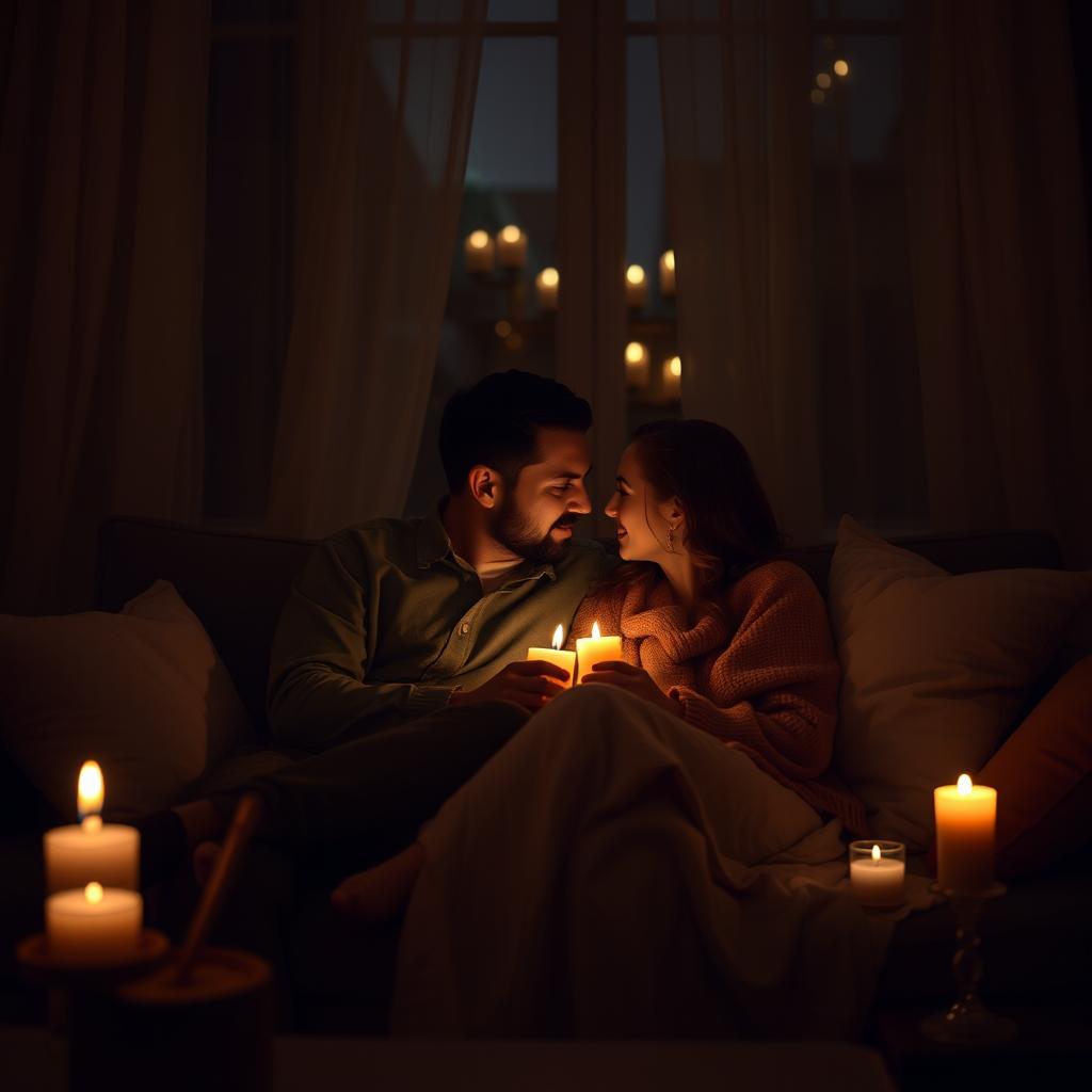 Intimate and cozy setting with dim lighting, two people sitting close on a comfortable couch, surrounded by soft pillows and warm blankets, a gentle glow from scented candles filling the room, a taste of romance in the air