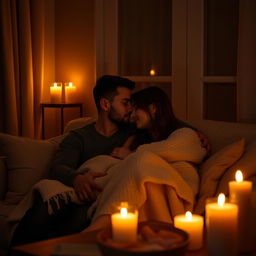 Intimate and cozy setting with dim lighting, two people sitting close on a comfortable couch, surrounded by soft pillows and warm blankets, a gentle glow from scented candles filling the room, a taste of romance in the air