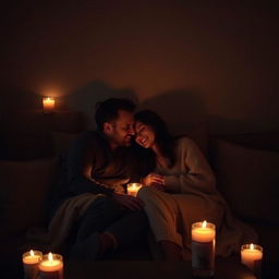 Intimate and cozy setting with dim lighting, two people sitting close on a comfortable couch, surrounded by soft pillows and warm blankets, a gentle glow from scented candles filling the room, a taste of romance in the air