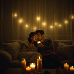 Intimate and cozy setting with dim lighting, two people sitting close on a comfortable couch, surrounded by soft pillows and warm blankets, a gentle glow from scented candles filling the room, a taste of romance in the air