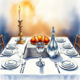 A beautifully detailed watercolor painting of a square Shabbat table