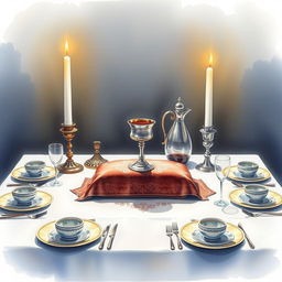 A beautifully detailed watercolor painting of a square Shabbat table