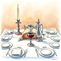 A beautifully detailed watercolor painting of a square Shabbat table