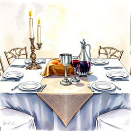 A beautifully detailed watercolor painting of a square Shabbat table