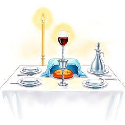 A stunning watercolor illustration of a square Shabbat table, featuring two tall candles emitting a gentle glow