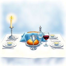 A stunning watercolor illustration of a square Shabbat table, featuring two tall candles emitting a gentle glow